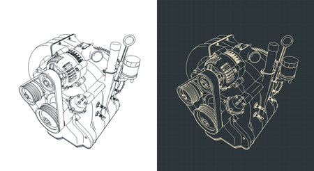 Isometric blueprints of a wankel rotary engine stylized vector illustrationsのイラスト素材