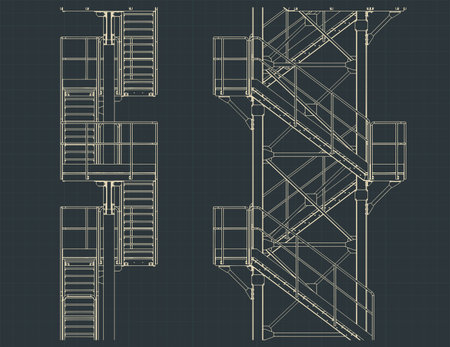 Industrial metal staircase blueprints stylized vector illustration close upのイラスト素材