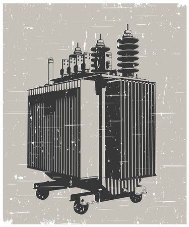 Power three-phase transformer retro poster stylized vector illustration