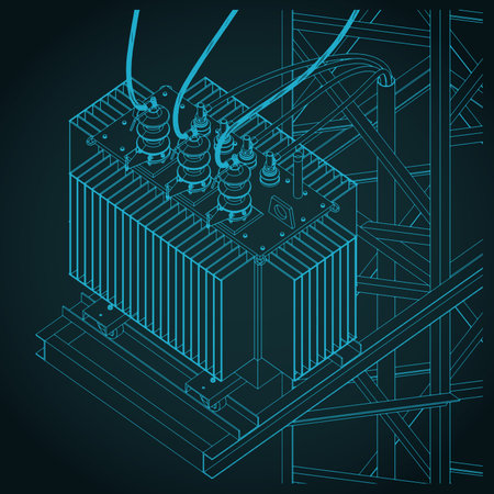 Power line feeder tower transformer station close up stylized vector illustration of overheadのイラスト素材