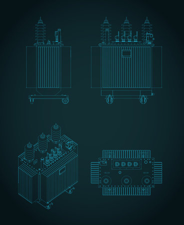 Stylized vector illustration of blueprints of power three-phase transformerのイラスト素材