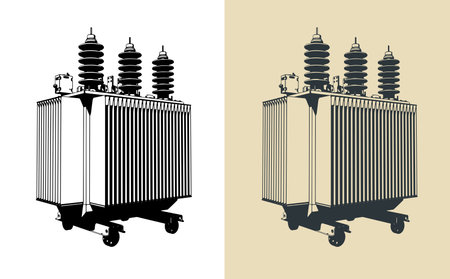 Power three-phase transformer stylized vector illustrations