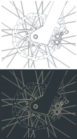Fat bike MTB front wheel mechanical disc brake drawings close-up stylized vector illustrationsのイラスト素材