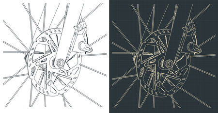 Road bike front wheel mechanical disc brake isometric drawings close-up stylized vector illustrationsのイラスト素材