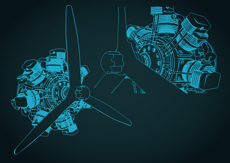7 cylinder radial engine stylized vector illustrations