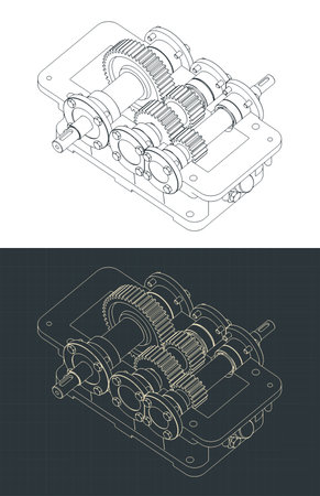 Reduction spur gearbox structure isometrivc drawings stylized vector illustrationsのイラスト素材