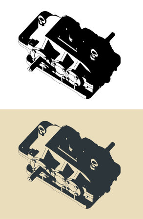High performance reduction spur gear box stylized vector illustrationsのイラスト素材