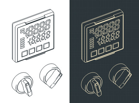 Industrial switches and digital display isometric drawings stylized vector illustrationsのイラスト素材