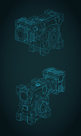 Worm gear motor isometric blueprints stylized vector illustrationのイラスト素材