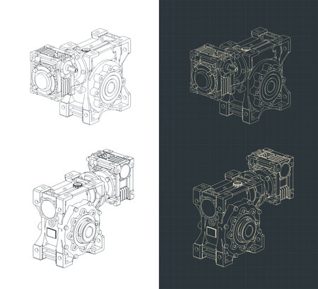 Worm gear motor isometric blueprints stylized vector illustrationsのイラスト素材