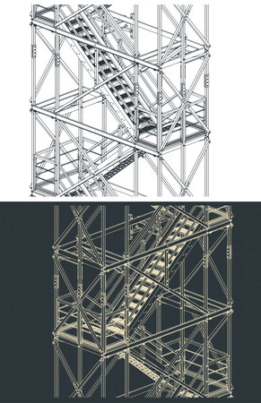 Industrial metal staircase isometric drawings stylized vector illustrationsのイラスト素材