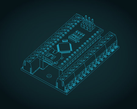 Arduino nano IO shield and Arduino nano isometric blueprint. Stylized vector illustrations of Arduino hardwareのイラスト素材