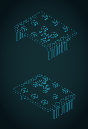 LED light shield circuit board isometric blueprints stylized vector illustrationのイラスト素材