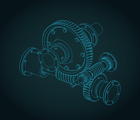 Worm gearbox mechanism and structure isometrivc  blueprint stylized vector illustrationのイラスト素材