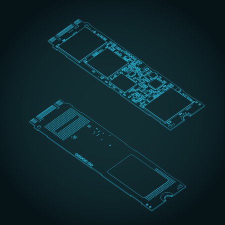 SSD m2 isometric blueprints stylized vector illustrationのイラスト素材