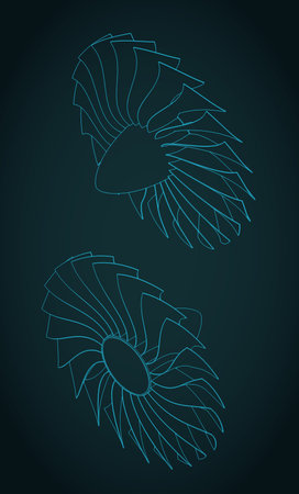 Turbine blades isometric drawings stylized vector illustration