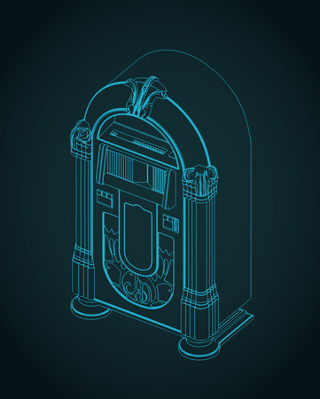 Stylized vector illustration of isometric blueprint of a vintage jukeboxのイラスト素材