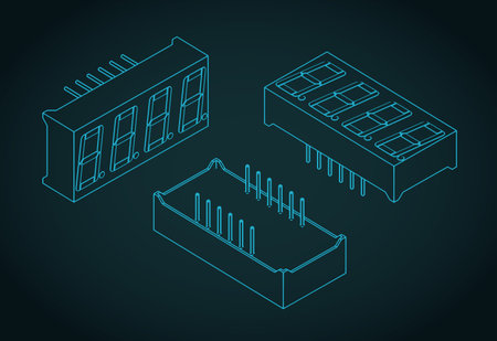 4 Digit 7-Segment LED Display isometric  blueprints stylized vector illustrationのイラスト素材