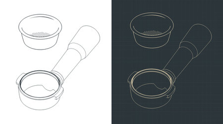 Bottomless espresso portafilter and filter basket isometric drawings stylized vector illustrationsのイラスト素材