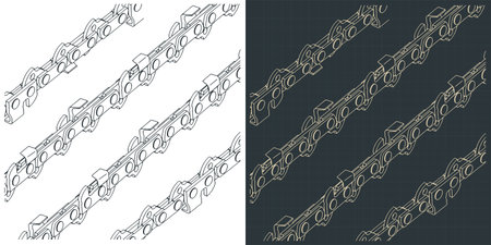 Chainsaw chain links isometric blueprints close-up stylized vector illustrationsのイラスト素材