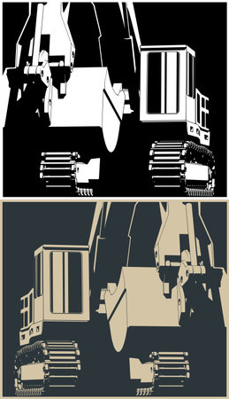 Heavy crawler excavator close-up: stylized vector illustrationsのイラスト素材