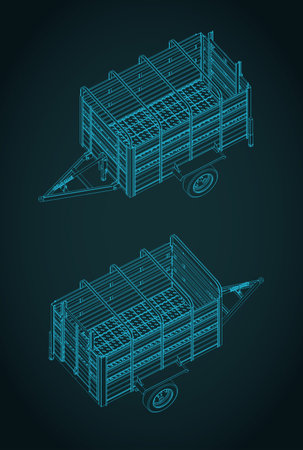 Isometric blueprints of an animal transport trailer as stylized vector illustrationのイラスト素材