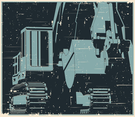 Heavy crawler excavator close-up stylized as retro poster  illustrationのイラスト素材
