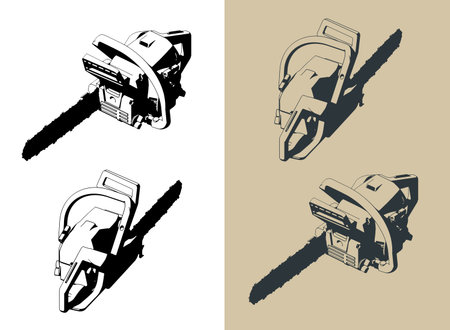 Gasoline chainsaw isometric stylized vector illustrationsのイラスト素材