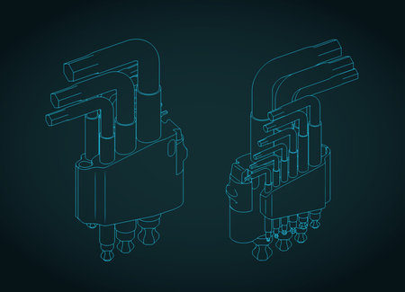 Hex key wrench set in holder isometric blueprints stylized vector illustrationのイラスト素材
