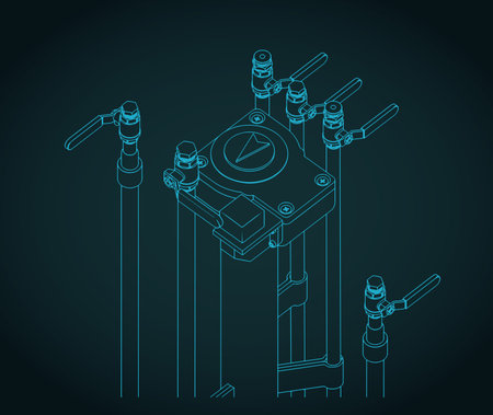 Industrial manifold system with ball valves: stylized vector blueprintのイラスト素材