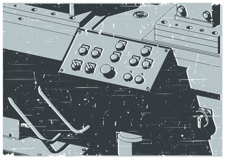 Industrial machine control panel and hydraulic unit stylized as retro poster vector illustrationのイラスト素材
