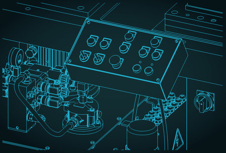 Industrial machine control panel and hydraulic unit isometic blueprint stylized vector illustrationのイラスト素材