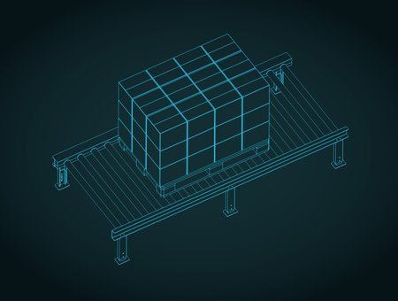 Roller conveyor with palletized boxes: isometric blueprint vector illustrationのイラスト素材