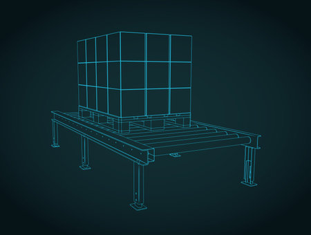 Roller conveyor with palletized boxes: blueprint vector illustrationのイラスト素材