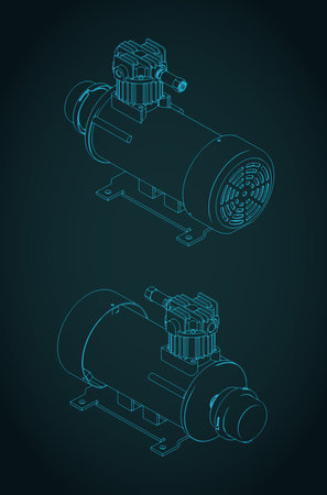 Industrial air compressor with electric motor isometric blueprint stylized vector illustrationのイラスト素材
