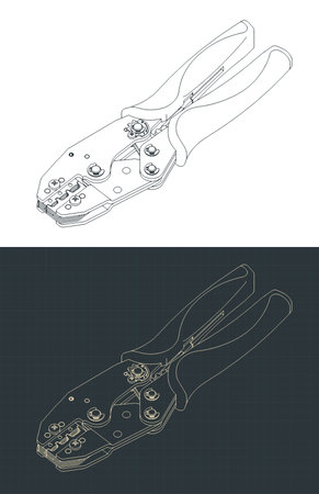 Ratchet wire terminal crimping tool isometric blueprints stylized vector illustrationsのイラスト素材