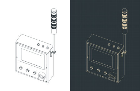 Industrial HMI control panel with signal tower isometic blueprints stylized vector illustrationsのイラスト素材