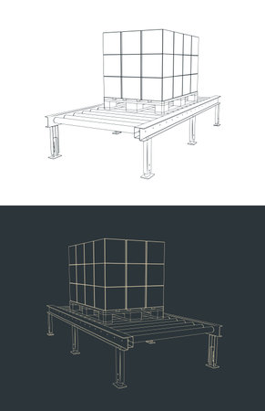 Roller conveyor with palletized boxes stylized vector illustrationsのイラスト素材