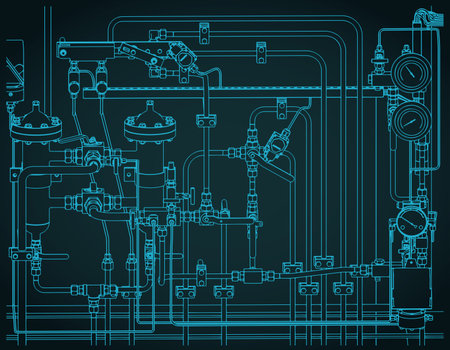 Industrial hydraulic control system: stylized vector blueprintのイラスト素材