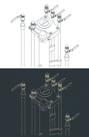 Industrial manifold system with ball valves: stylized vector blueprintsのイラスト素材