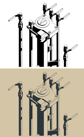 Industrial manifold system with ball valves: stylized vector illustrationsのイラスト素材
