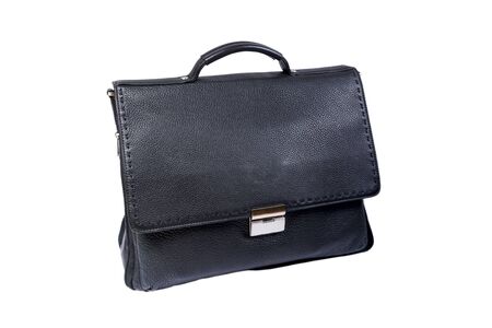 black leather bag for books on a white backgroundの写真素材