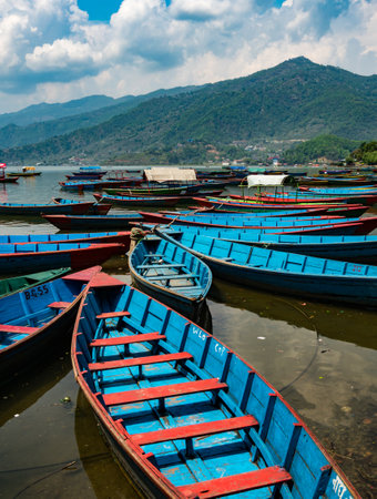 Colorful Rowboats on Phewa Lake in Pokhara, Nepalのeditorial素材