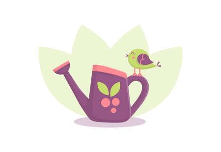Garden watering can. Garden supplies. A cute bird perched on the handle of the watering can. Concept on the theme of the garden.のイラスト素材