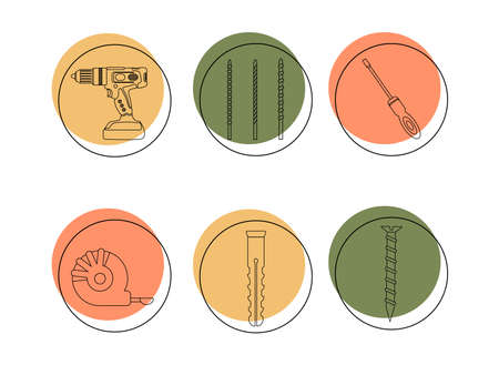 A set of icons of construction tools. Drilling machine, drill bits, screwdriver, self-tapping screw,...