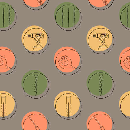 Pattern from construction tools. Icons. Drilling machine, drill, screwdriver, self-tapping screw,...