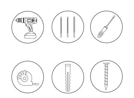 A set of icons from construction tools. Pins. Drilling machine, drill, screwdriver, self-tapping screw, dowel, tape measure. Power tools, hammer drill. Picture for coloring. Outlineのイラスト素材