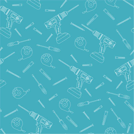 Pattern from construction tools. Drilling machine, drill, screwdriver, self-tapping screw, dowel, tape measure. Power tools, hammer drill. Mounting element. Outline.のイラスト素材