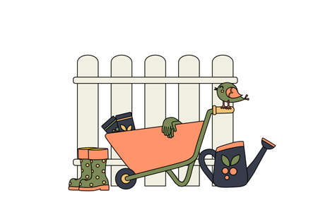 Garden wheelbarrow next to the fence and garden accessories. Concept. Garden supplies. Watering can next to the wheelbarrow and rubber boots.のイラスト素材