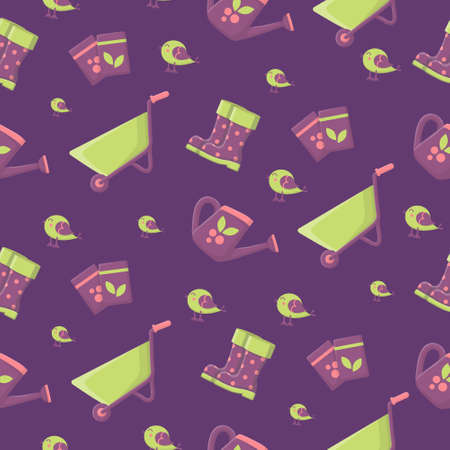Bright pattern with the image of garden accessories. Watering can, wheelbarrow, gloves, seeds, cute bird, rubber boots. Pattern textures on the theme of the garden on Lilac background.のイラスト素材